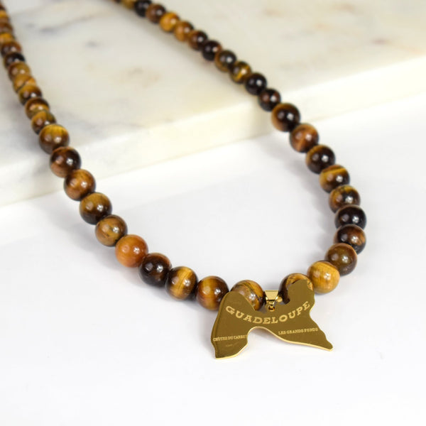 Collier Oeil de Tigre carte Guadeloupe dorée