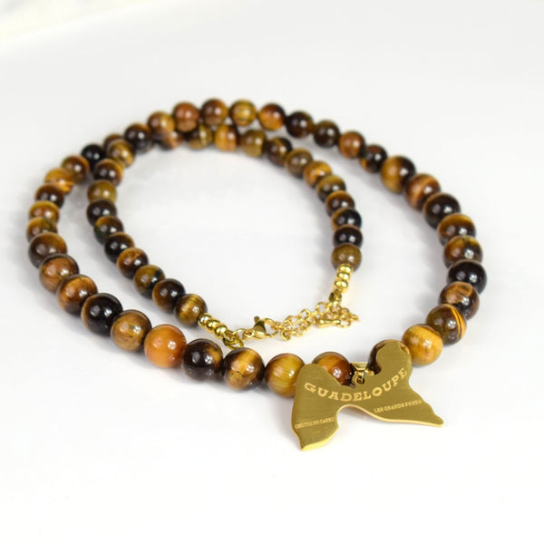 Collier Oeil de Tigre carte Guadeloupe dorée