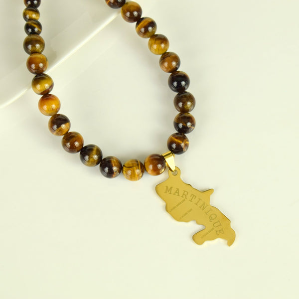 Collier Oeil de Tigre carte Martinique dorée