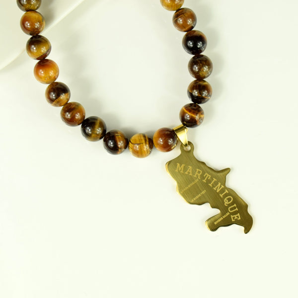 Collier Oeil de Tigre carte Martinique dorée