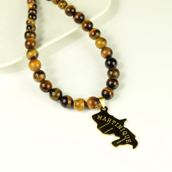 Collier Oeil de Tigre carte Martinique dorée