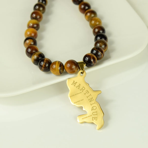 Collier Oeil de Tigre carte Martinique dorée