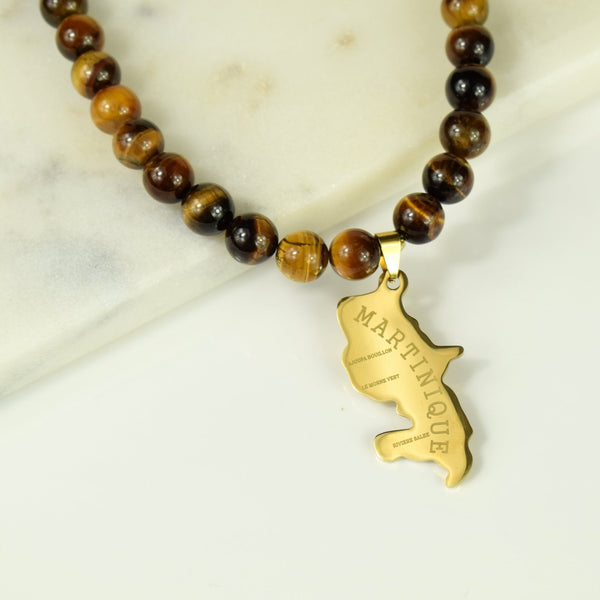 Collier Oeil de Tigre carte Martinique dorée
