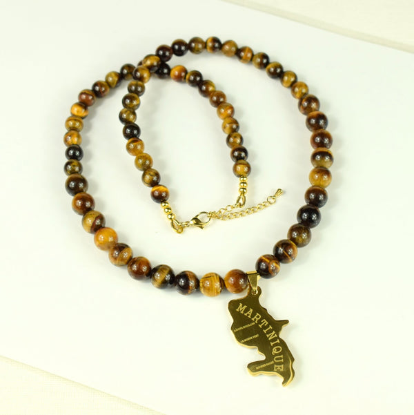 Collier Oeil de Tigre carte Martinique dorée